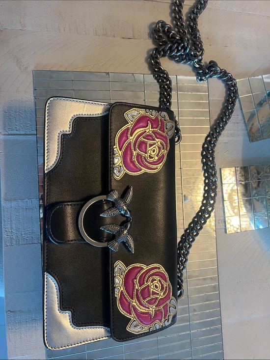 Pinko Handbags - Pinko black Leather Crossbody Bag with Pink Rose Embroidery. Silver and Gold